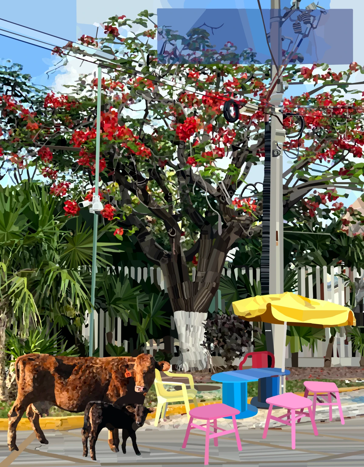 Red Tree with Cows