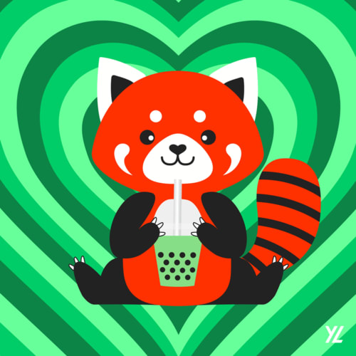 Red Panda holding a matcha boba tea