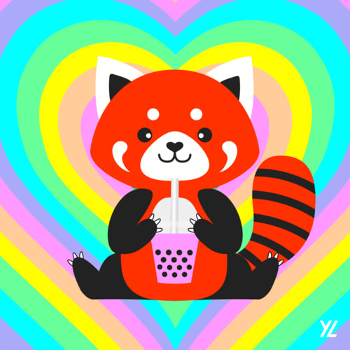 Red Panda holding Rainbow Boba Tea