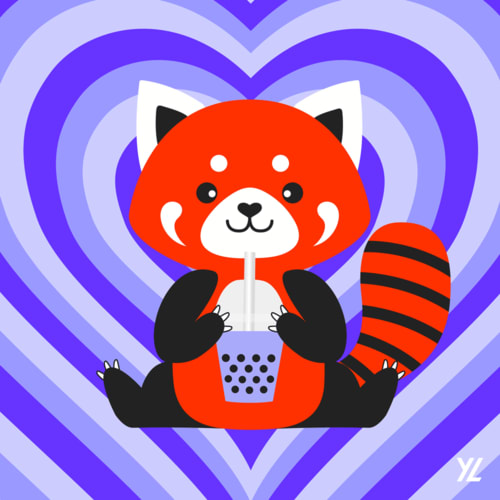 Red Panda holding a taro boba tea