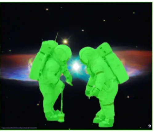 Floating Above Ribbon Galaxy - Two Green Astronauts